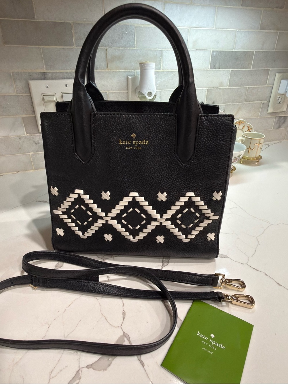 Kate Spade New York  Black Woven Accent Leather Satchel